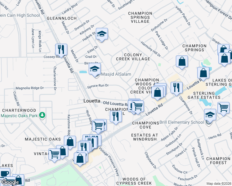 map of restaurants, bars, coffee shops, grocery stores, and more near 16835 Markridge Drive in Spring