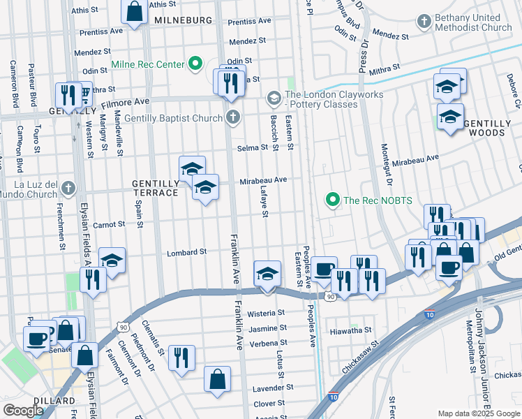 map of restaurants, bars, coffee shops, grocery stores, and more near 4715 Demontluzin Street in New Orleans