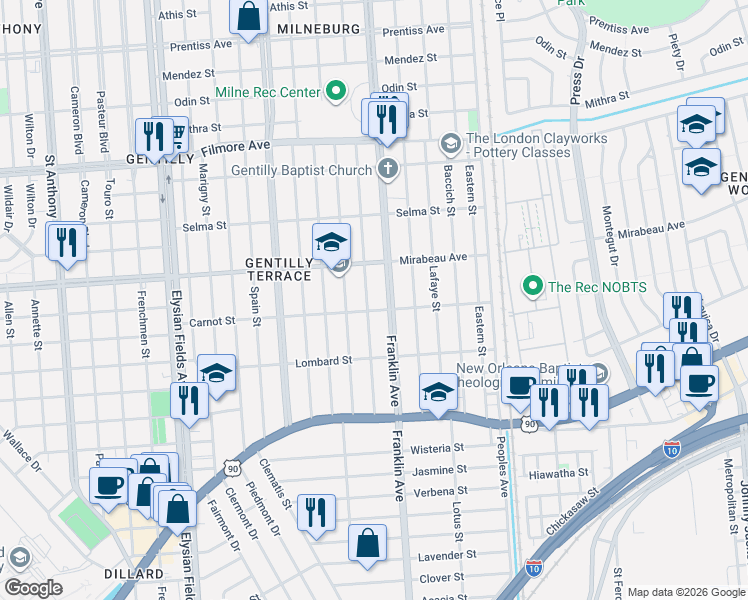 map of restaurants, bars, coffee shops, grocery stores, and more near 4728 Franklin Avenue in New Orleans