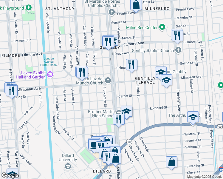 map of restaurants, bars, coffee shops, grocery stores, and more near 4820 Elysian Fields Avenue in New Orleans
