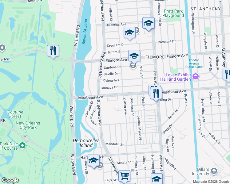 map of restaurants, bars, coffee shops, grocery stores, and more near 1262 Granada Drive in New Orleans