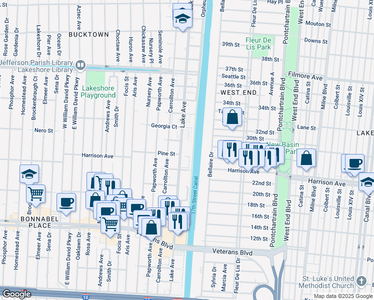 map of restaurants, bars, coffee shops, grocery stores, and more near 101 Cotton Street in Metairie