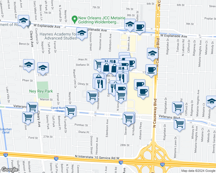 map of restaurants, bars, coffee shops, grocery stores, and more near 3115 Edenborn Avenue in Metairie