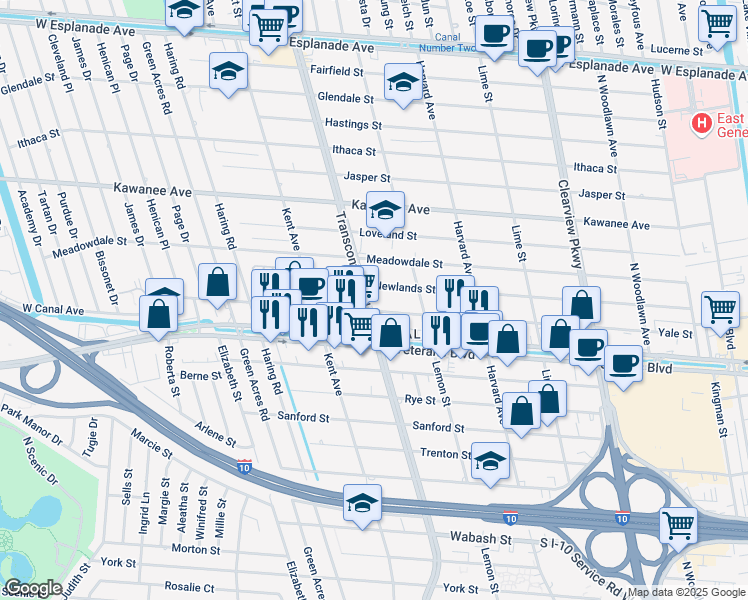map of restaurants, bars, coffee shops, grocery stores, and more near 3413 Transcontinental Drive in Metairie