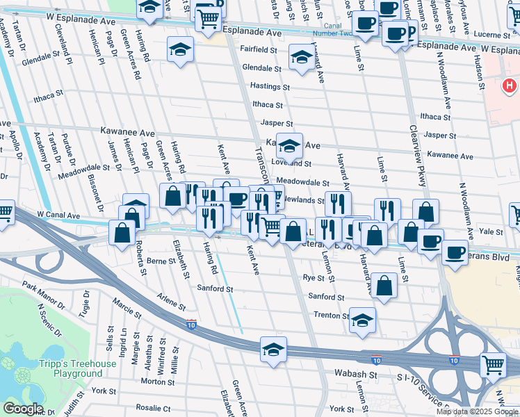 map of restaurants, bars, coffee shops, grocery stores, and more near 5019 Yale Street in Metairie