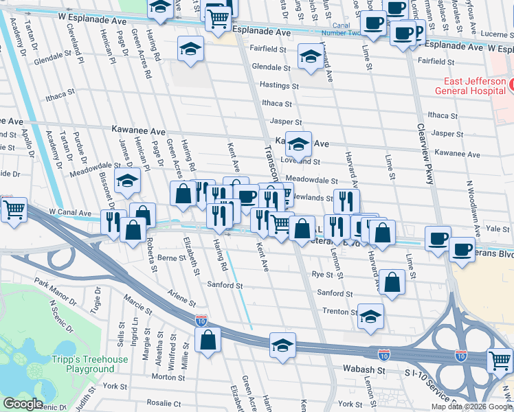 map of restaurants, bars, coffee shops, grocery stores, and more near 3400 Kent Avenue in Metairie