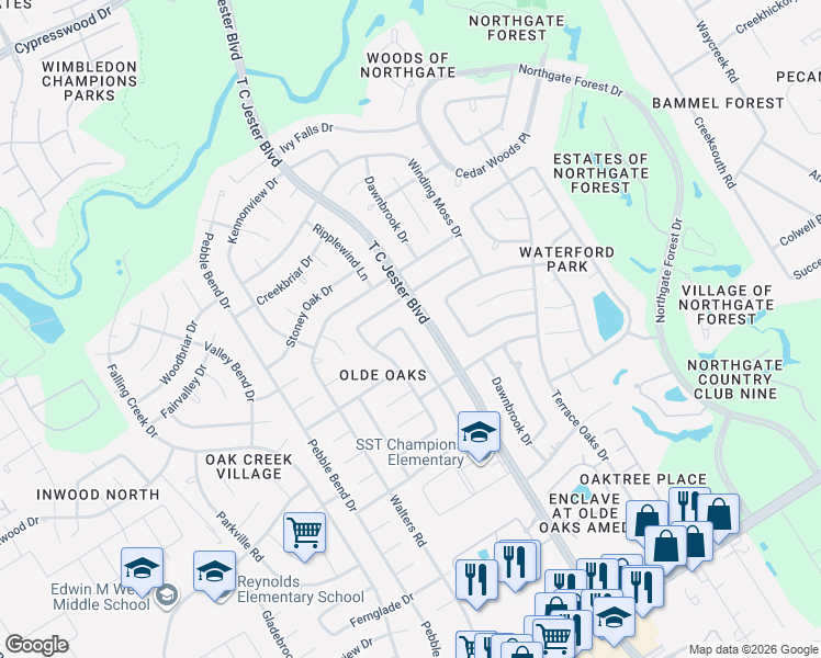 map of restaurants, bars, coffee shops, grocery stores, and more near 15318 Ripplewind Lane in Houston