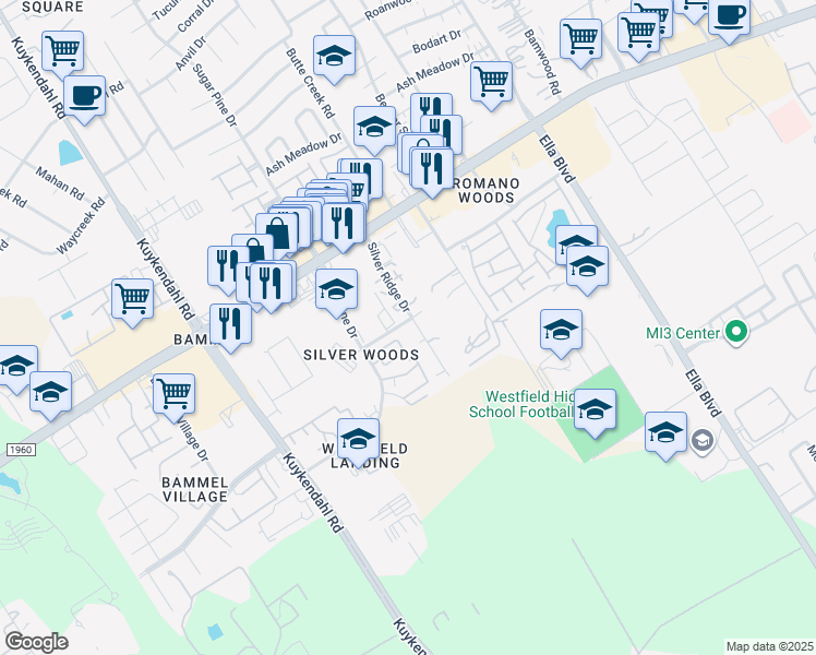 map of restaurants, bars, coffee shops, grocery stores, and more near 15519 Silver Ridge Drive in Houston