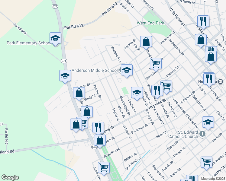 map of restaurants, bars, coffee shops, grocery stores, and more near 714 Mixon Street in New Iberia