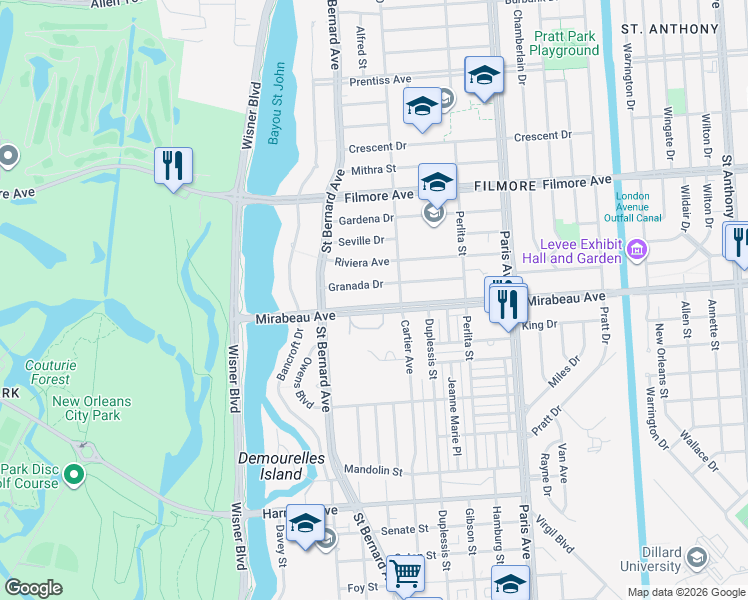 map of restaurants, bars, coffee shops, grocery stores, and more near 1262 Granada Drive in New Orleans