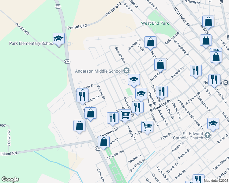 map of restaurants, bars, coffee shops, grocery stores, and more near 714 Mixon Street in New Iberia