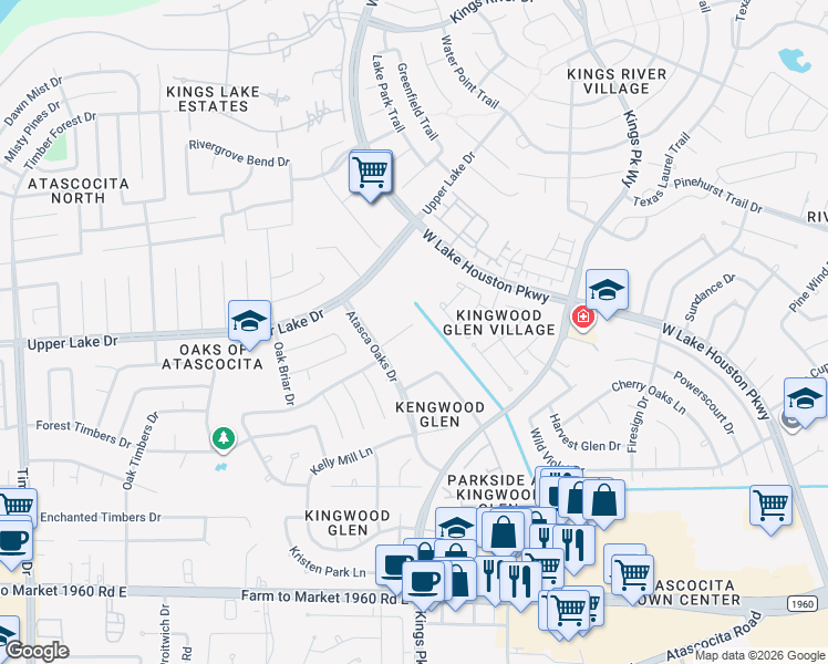 map of restaurants, bars, coffee shops, grocery stores, and more near 6146 Bailey's Town Court in Humble