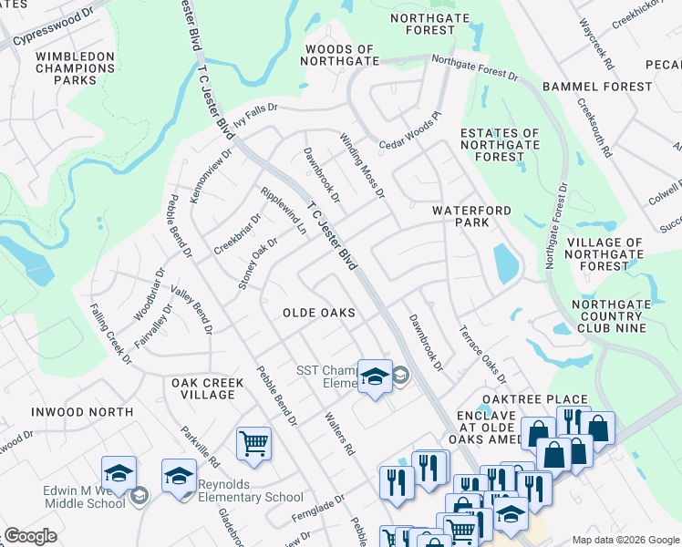 map of restaurants, bars, coffee shops, grocery stores, and more near 15318 Ripplewind Lane in Houston