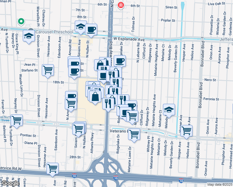 map of restaurants, bars, coffee shops, grocery stores, and more near 3201 North Causeway Boulevard in Metairie