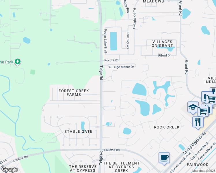 map of restaurants, bars, coffee shops, grocery stores, and more near 15912 Telge Road in Cypress