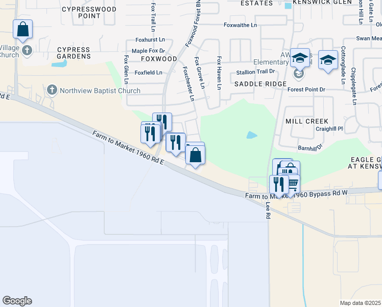 map of restaurants, bars, coffee shops, grocery stores, and more near 7160 Foxbrick Lane in Humble