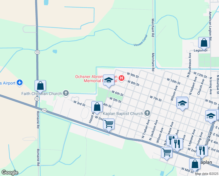 map of restaurants, bars, coffee shops, grocery stores, and more near 608 North Eleazar Avenue in Kaplan