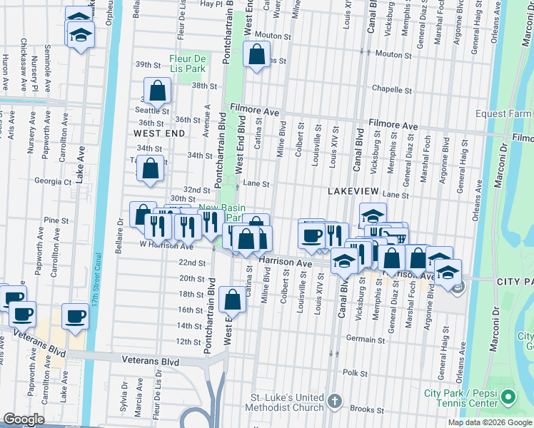 map of restaurants, bars, coffee shops, grocery stores, and more near 6394 Milne Boulevard in New Orleans