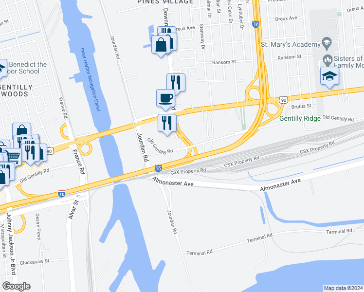 map of restaurants, bars, coffee shops, grocery stores, and more near 6001 Old Gentilly Road in New Orleans