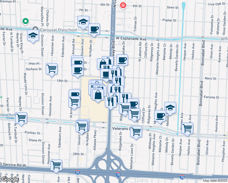 map of restaurants, bars, coffee shops, grocery stores, and more near 3201 North Causeway Boulevard in Metairie