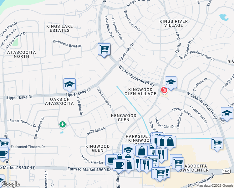 map of restaurants, bars, coffee shops, grocery stores, and more near 6146 Bailey's Town Court in Humble