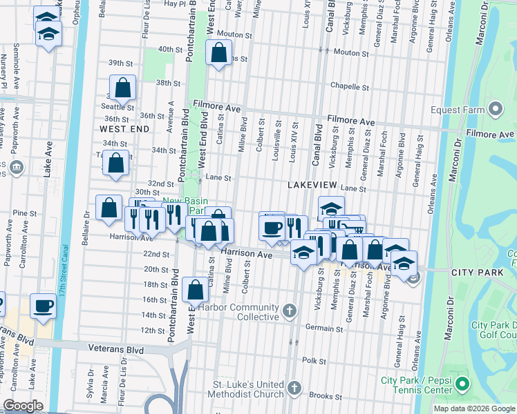 map of restaurants, bars, coffee shops, grocery stores, and more near 6411 Colbert Street in New Orleans