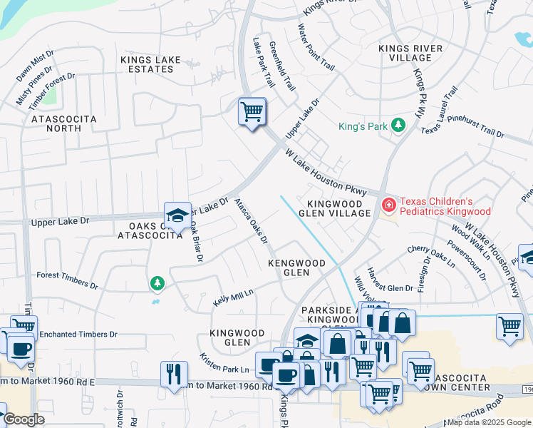 map of restaurants, bars, coffee shops, grocery stores, and more near 6123 Bailey's Town Court in Humble