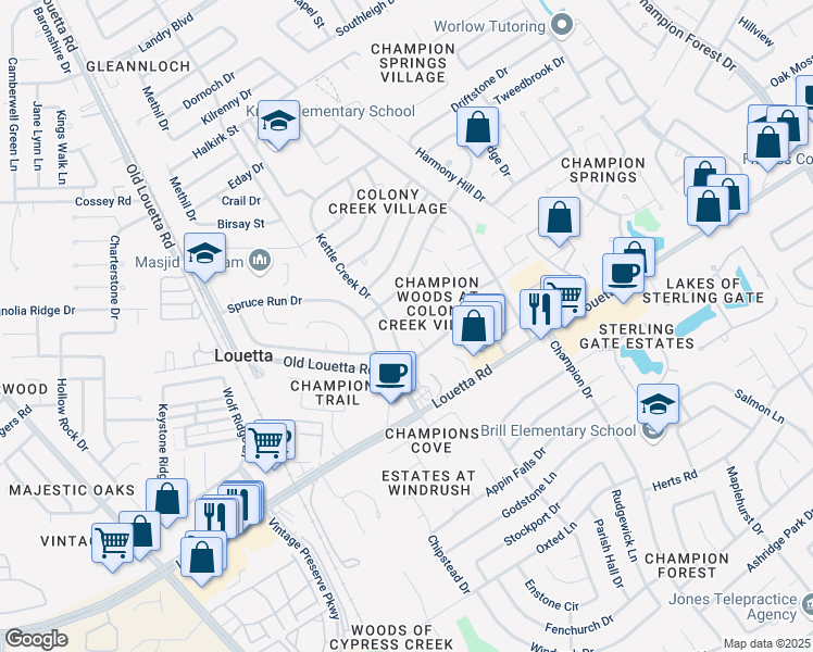 map of restaurants, bars, coffee shops, grocery stores, and more near 9407 Calwood Circle in Spring