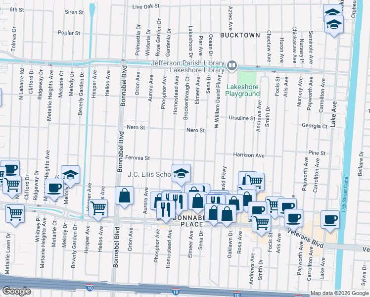 map of restaurants, bars, coffee shops, grocery stores, and more near 923 Brockenbraugh Ct in Metairie