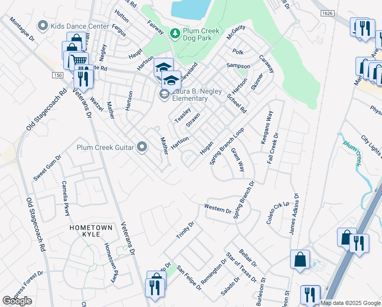 map of restaurants, bars, coffee shops, grocery stores, and more near 259 Mendez Loop in Kyle