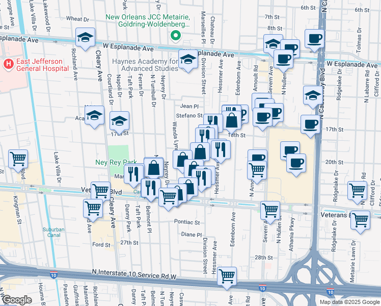map of restaurants, bars, coffee shops, grocery stores, and more near 3748 Olney Street in Metairie