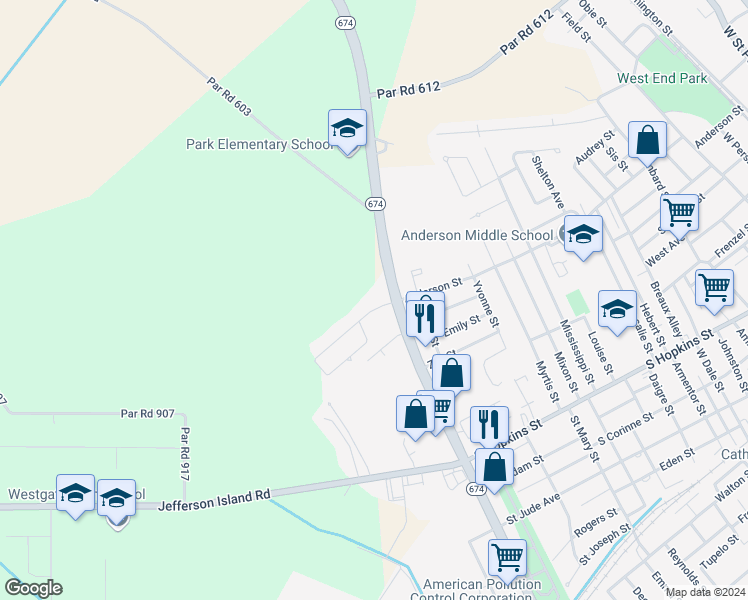 map of restaurants, bars, coffee shops, grocery stores, and more near 1704 Anderson Street in New Iberia