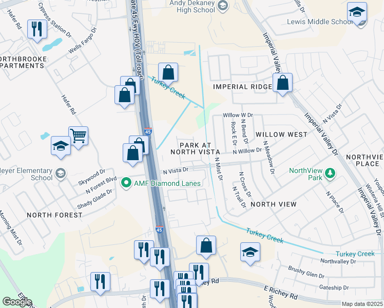 map of restaurants, bars, coffee shops, grocery stores, and more near 311 North Vista Drive in Houston