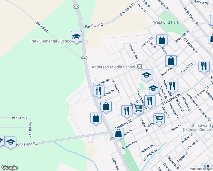 map of restaurants, bars, coffee shops, grocery stores, and more near 1602 Wallace Street in New Iberia