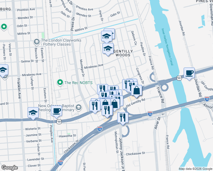 map of restaurants, bars, coffee shops, grocery stores, and more near 4516 Louisa Drive in New Orleans