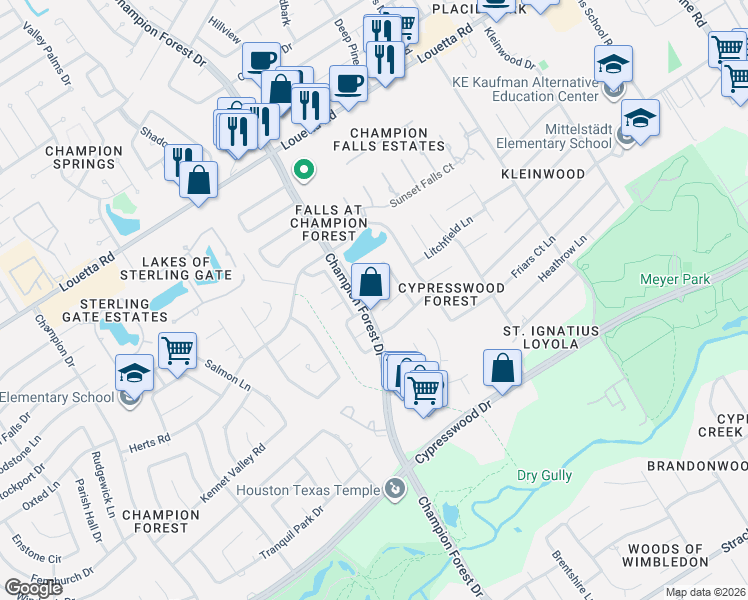 map of restaurants, bars, coffee shops, grocery stores, and more near 8210 Turnmill Court in Spring