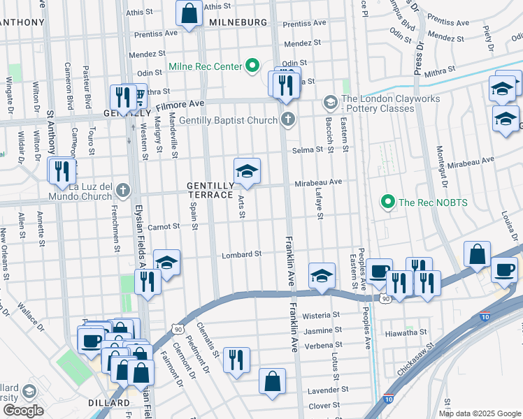 map of restaurants, bars, coffee shops, grocery stores, and more near 4723 Painters Street in New Orleans