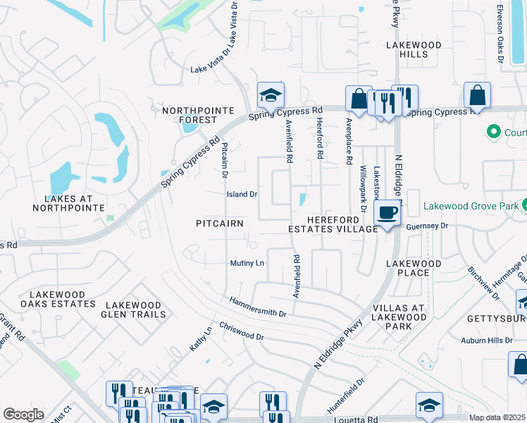 map of restaurants, bars, coffee shops, grocery stores, and more near 16610 Chewton Glen Street in Tomball