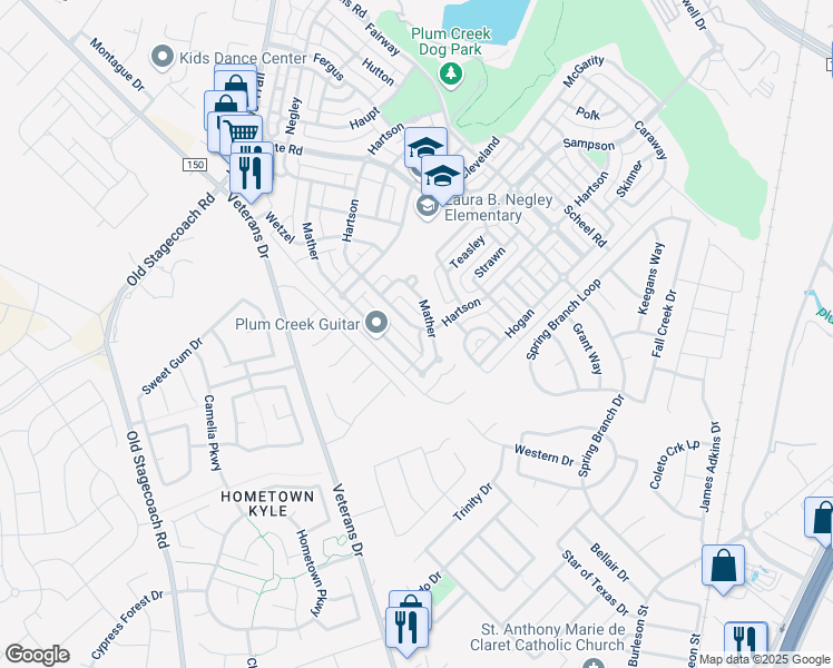 map of restaurants, bars, coffee shops, grocery stores, and more near 5521 Hartson in Kyle