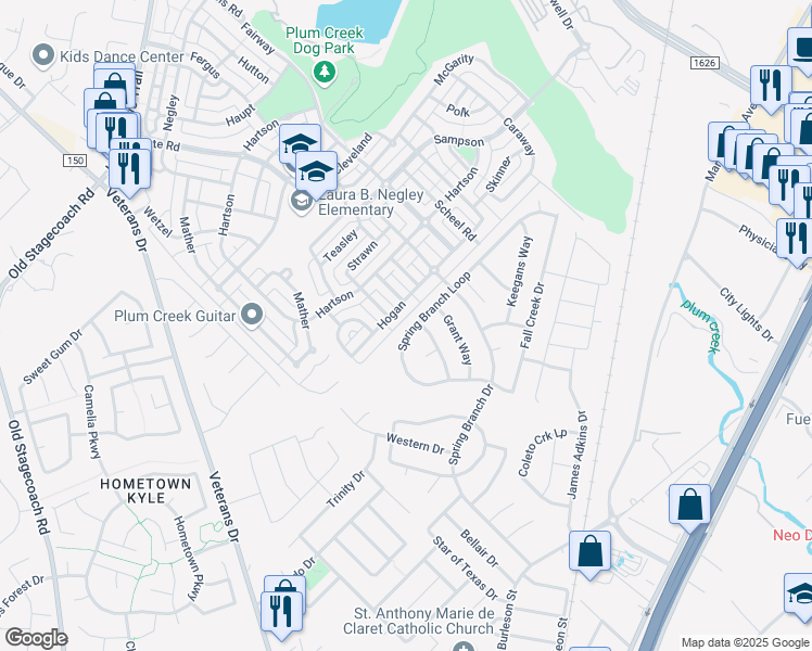 map of restaurants, bars, coffee shops, grocery stores, and more near 205 Spring Branch Loop in Kyle