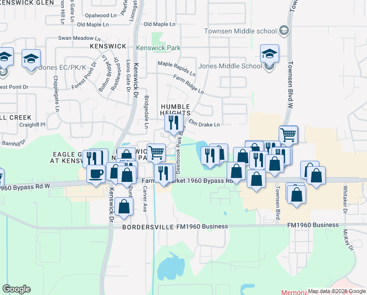 map of restaurants, bars, coffee shops, grocery stores, and more near Deerbrook Park Boulevard in Humble