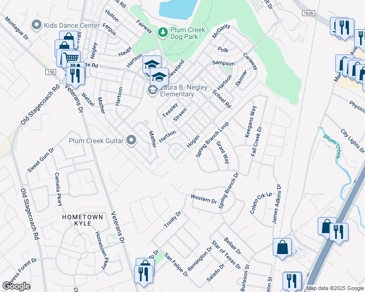 map of restaurants, bars, coffee shops, grocery stores, and more near 259 Mendez Loop in Kyle
