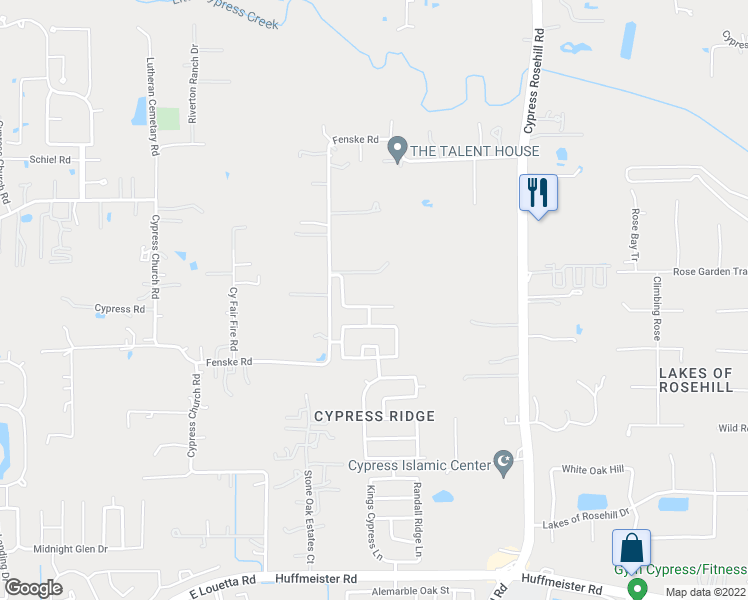 map of restaurants, bars, coffee shops, grocery stores, and more near 18142 Valebluff Lane in Cypress