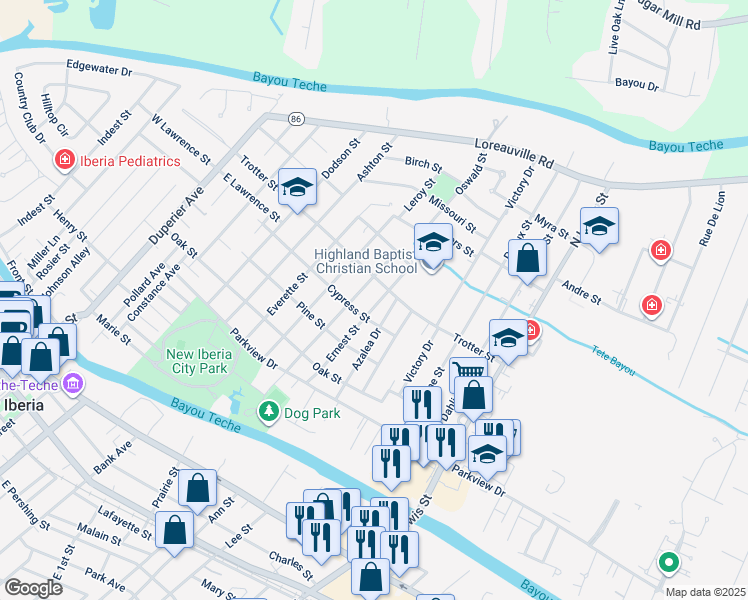 map of restaurants, bars, coffee shops, grocery stores, and more near 507 Ernest Street in New Iberia