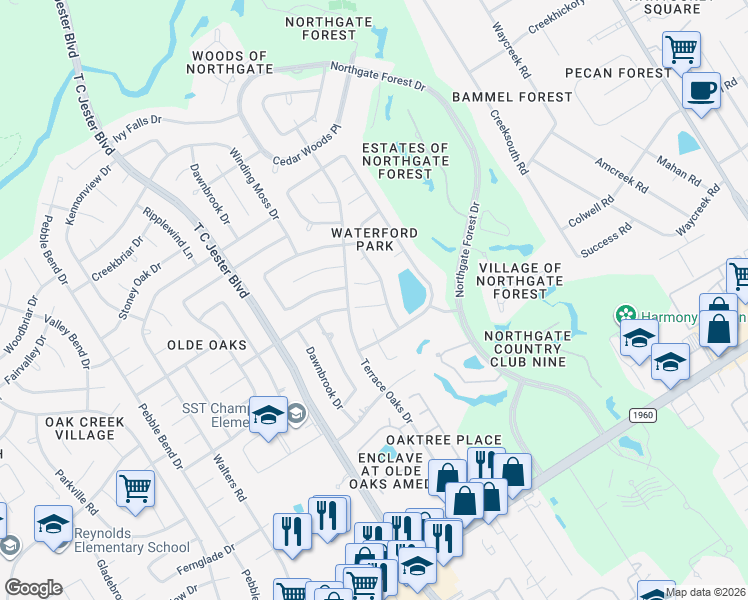 map of restaurants, bars, coffee shops, grocery stores, and more near 3106 Iron Crown Circle in Houston