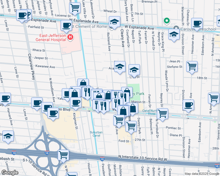 map of restaurants, bars, coffee shops, grocery stores, and more near 4504 Karen Court in Metairie
