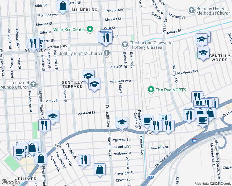 map of restaurants, bars, coffee shops, grocery stores, and more near 4715 Demontluzin Street in New Orleans