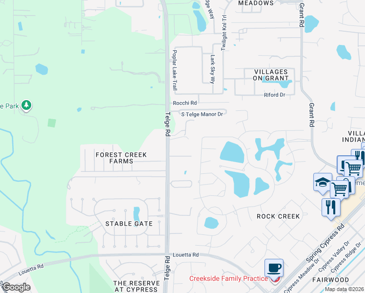 map of restaurants, bars, coffee shops, grocery stores, and more near 15912 Telge Rd in Cypress