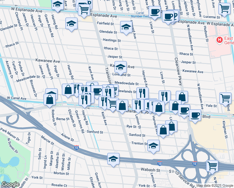 map of restaurants, bars, coffee shops, grocery stores, and more near 3413 Transcontinental Drive in Metairie
