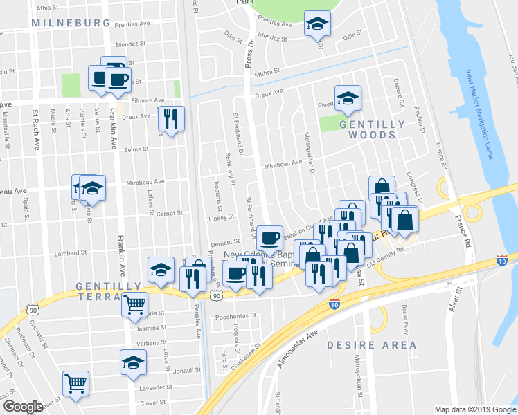 map of restaurants, bars, coffee shops, grocery stores, and more near 4660 Press Drive in New Orleans
